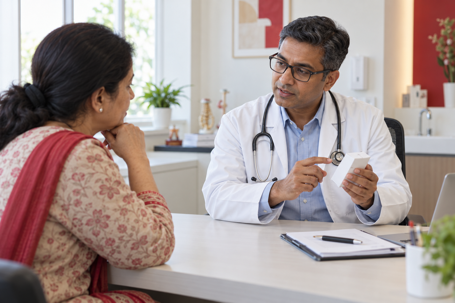 Doctor discussing a medicine pack with a patient