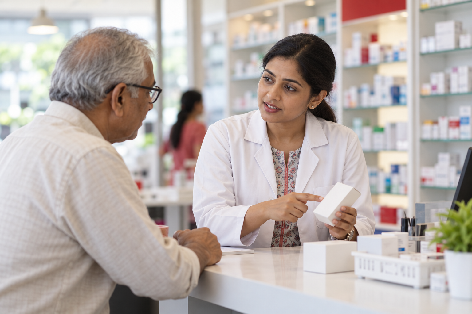 Pharmacist helping a customer at a pharmacy
